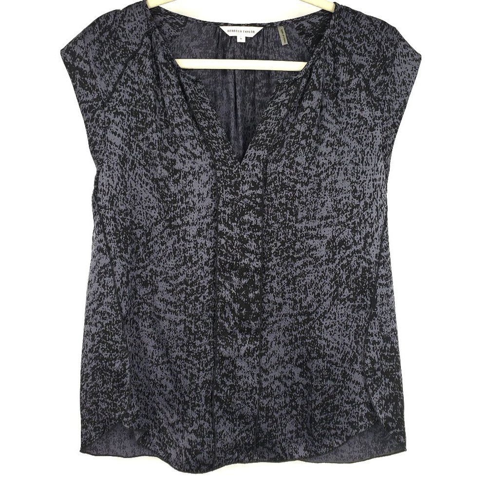 Rebecca Taylor Sleeveless V-neck Blouse Steel Blue Grey/Black Print Size 6